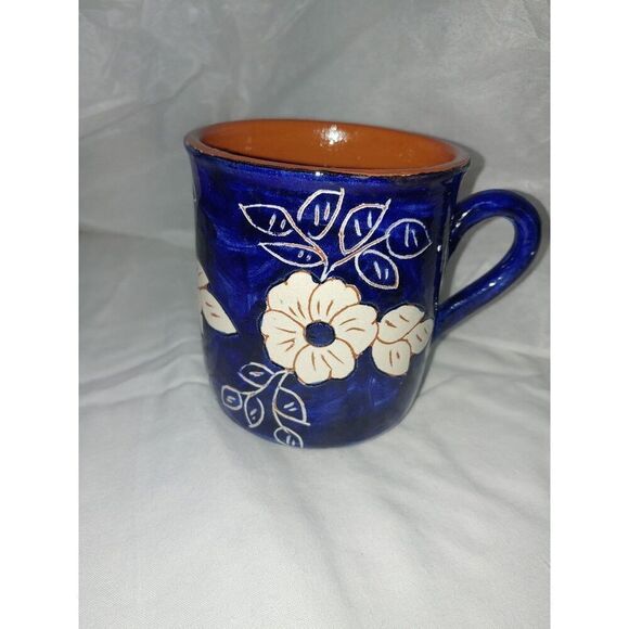 Handmade Portugal Clay Blue Floral Mug - Picture 1 of 5
